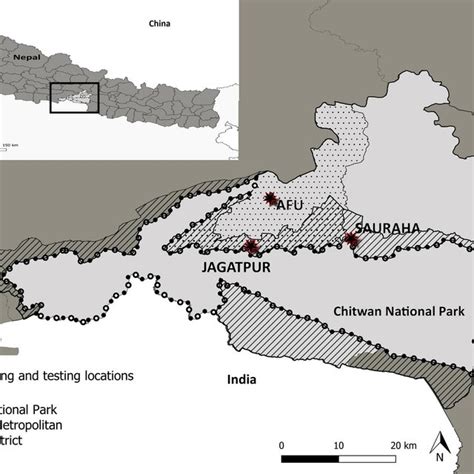 Map of Nepal and Chitwan District study location. The main map shows ...