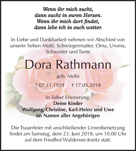 Traueranzeigen Von Dora Rathmann Abschied Nehmen De