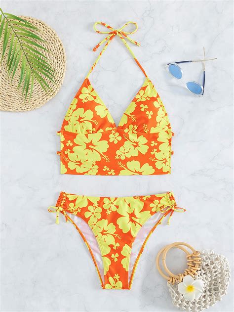 Shein Swim Vcay Floral Print Halter Bikini Swimsuit Shein Uk