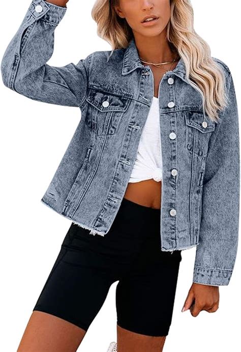 Damen Basic Denim Cropped Jacke Stretch Vintage Wash Top Mode