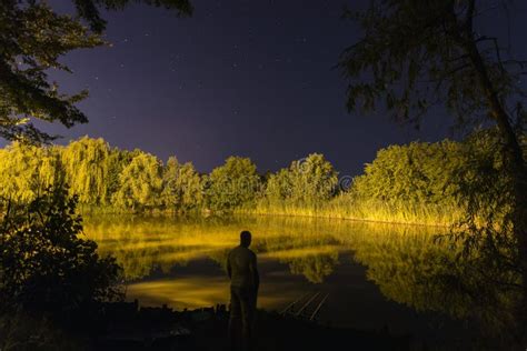 Fisherman in Night , Night Fishing, Carp Rods, Starry Night Reflection ...