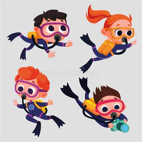 Scuba Diver Girl and Boy Vector Illustration in Cartoon Style Stock ...