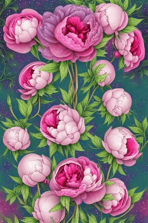 Beautiful Whimsical Art Deco Peonies And Roses · Creative Fabrica