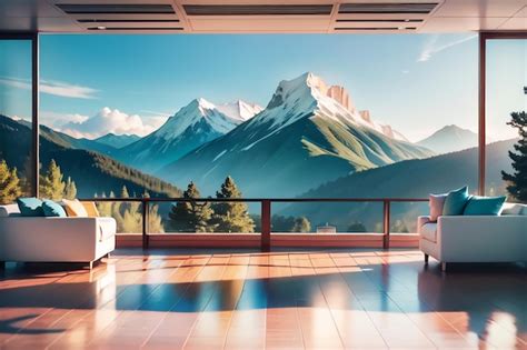 Premium AI Image | A living room with a mountain view wallpaper