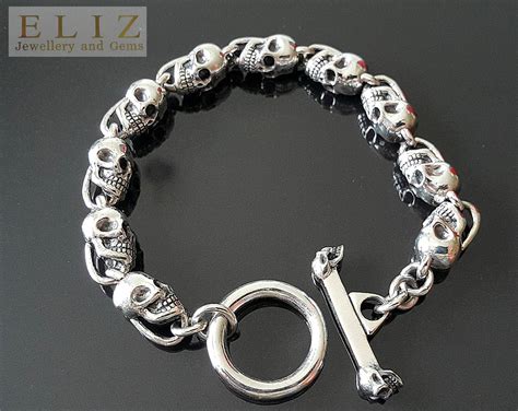 Skull Bracelet 925 Sterling Silver Skull Link T Clasp Rocker Punk Goth Biker 79 Grams Eliz