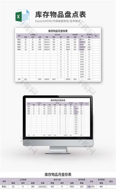 库存物品盘点表excel模板千库网excelid：131619