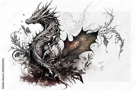 Artistic Dragon Tattoo Design With Innovative Plant Art on White Background. Generative AI Stock ...