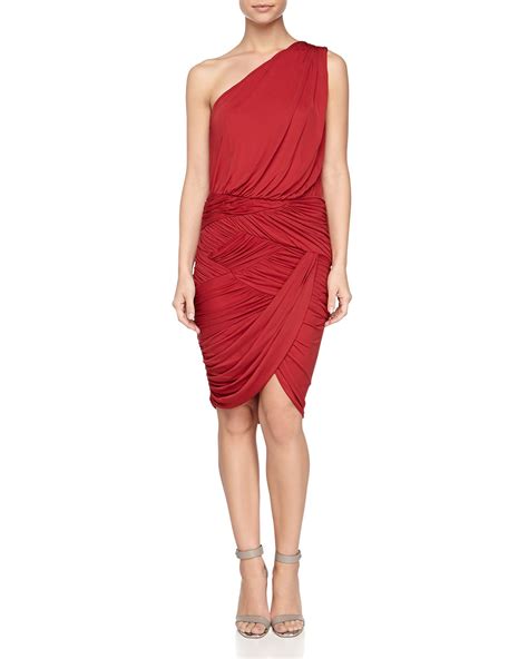 Halston Heritage One Shoulder Ruched Dress In Red Lyst