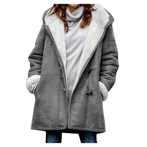 Patlollav Womens Coats Plus Size Solid Plus Velvet Coat Long Sleeve Horn Buckle Pocket Overcoat