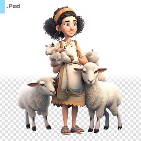 Niña con oveja en un fondo blanco plantilla de renderización psd en 3d