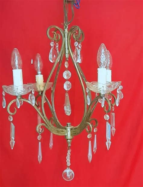 Ancien Lustre Suspension Plafonnier En Fer Forg Pampilles Feux Art