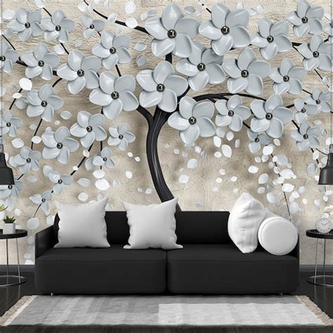 D Embossed White Flowers Tree Wallpaper Wall Mural Creative Etsy