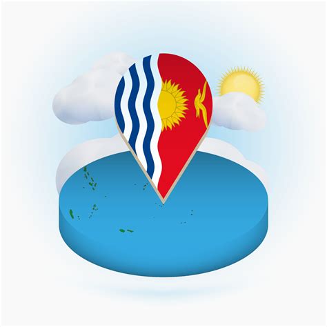 Isometric Round Map Of Kiribati And Point Marker With Flag Of Kiribati