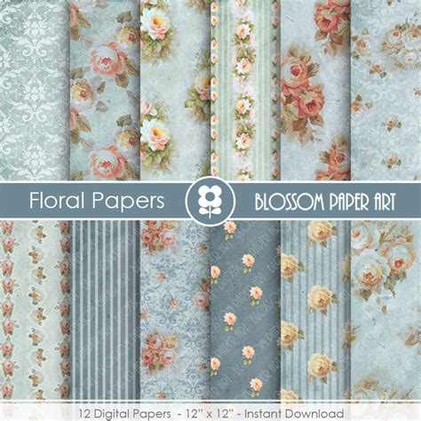 Blue Digital Paper Floral Digital Paper Pack Blue Flowers Etsy