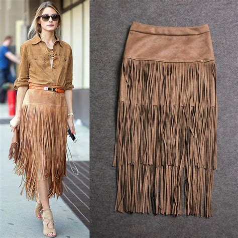 Faux Suede Fabric Leather Pencil Fringe Tassel Black Skirts Womens Midi