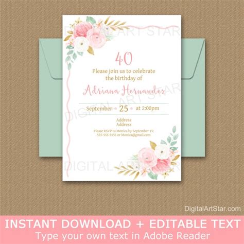 40th Birthday Invitation For Women Floral Invitation Birthday Any Age