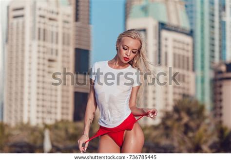 Sexy Blonde Woman Wet Tshirt On Stock Photo Edit Now