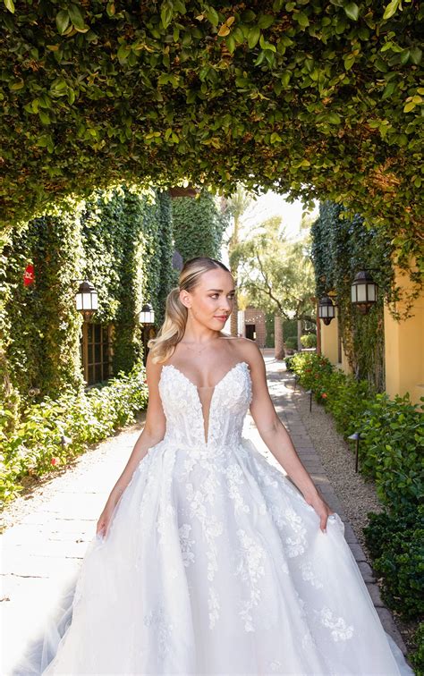 Romantic Floral Lace A Line Wedding Dress With Plunging Neckline