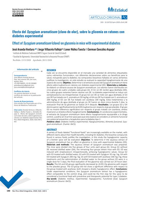 Pdf Efecto Del Syzygium Aromaticum Clavo De Olor Sobre La Glicemia