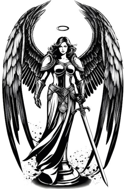 Premium PSD | A statue of a female angel warrior with a sword realistic tattoo design