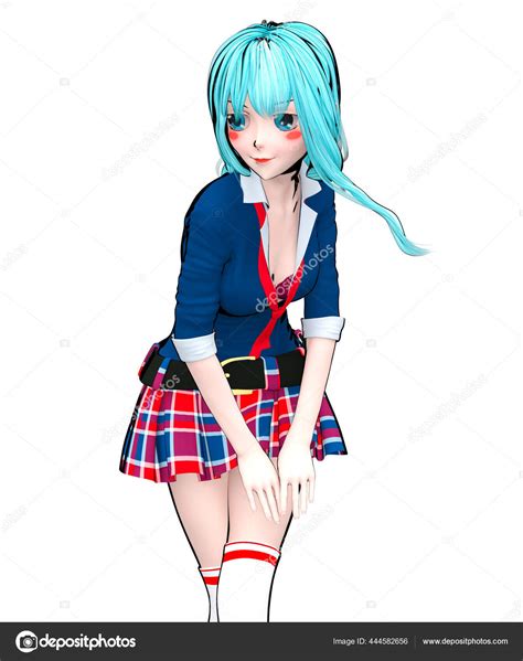 Sexy Anime Doll Japanese Schoolgirl Big Blue Eyes Bright Makeup Stock