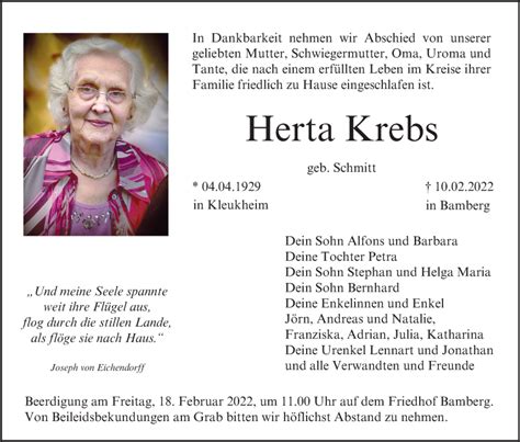 Herta Krebs Traueranzeige Trauer InFranken De