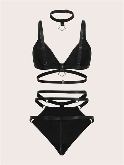 Goth Ensemble De Lingerie À Lien Anneau Découpé Avec Ras Du Cou Mode