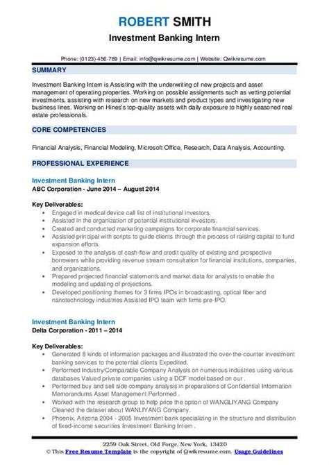 Investment Banking Intern Resume Samples Qwikresume