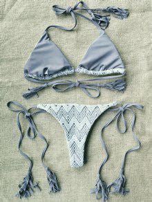 11 OFF 2021 String Lace Spliced Halter Bikini Set In SMOKY GRAY ZAFUL