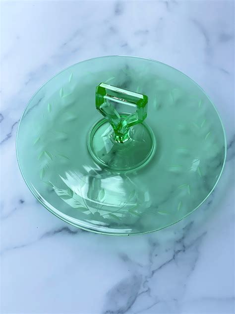 Etched Green Depression Glass Serving Tray With Handle Etsy