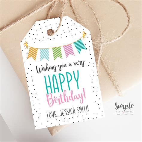 Printable Happy Birthday Tag, Editable Cute Colorful Gift Label, Custom ...