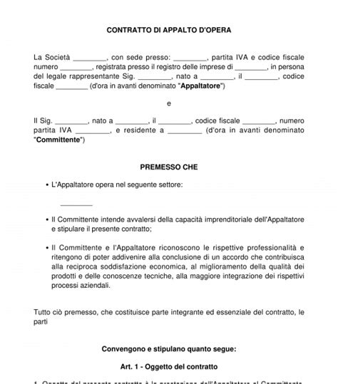 Contratto Di Appalto D Opera Modello Word E Pdf