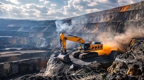 A Large Yellow And Black Construction Vehicle Is Digging Into The