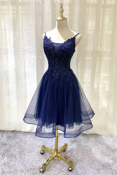 Navy Blue V Neckline Tulle Short Homecoming Dress Lace Applique Short