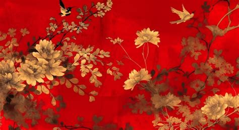 Premium Photo | Red floral wallpaper with gold