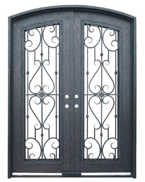 French Style Villa Front Entry Door Eyebrow Top Wrought Iron Double Door With Glass Panel