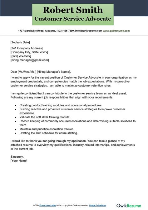 Customer Service Professional Cover Letter Examples Qwikresume