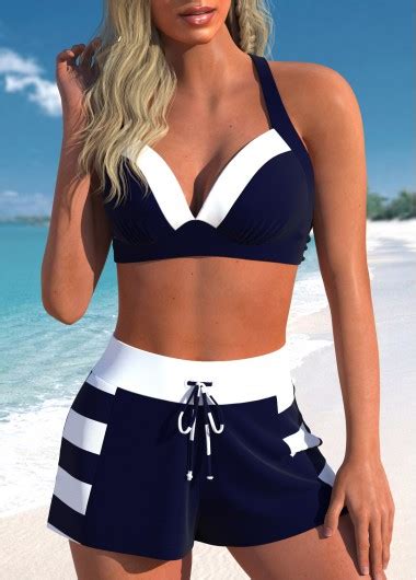 High Waisted Plus Size Patchwork Navy Bikini Set Modlily USD 33 98