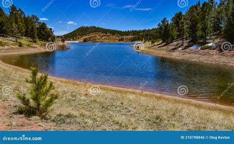 Crystal Creek Reservoir Near Snow Capped Mountains Pikes Peak Mountains