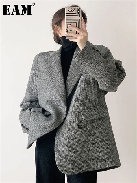 EAM Loose Fit Gray Elegant Big Size Thick Woolen Coat Parkas New Long