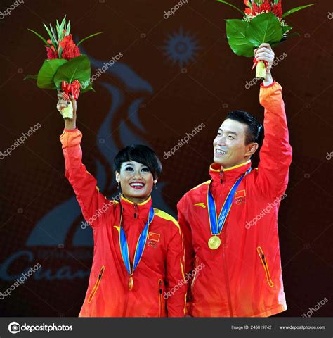 Chinas Shi Lei Left Zhang Baiyu Gold Medalists Celebrate Podium Stock