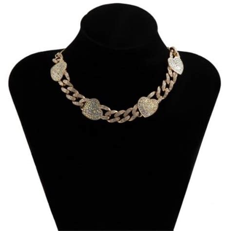 Rhinestone Inlaid Hearts Cuban Link Chain Hip Hop Fashion Choker