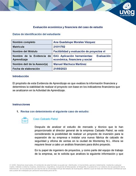 Fep U Aa Ea Formato Caso De Estudio Evaluaci N Economica Y