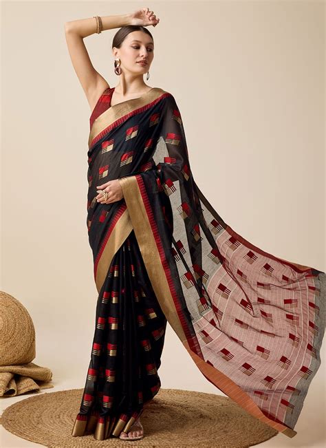 buy black cotton silk weaving work classic sari
