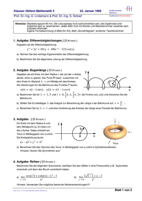 Mathe 3 1998 WS Lsg Klausur Höhere Mathematik 3 22 Januar 1999 Prof