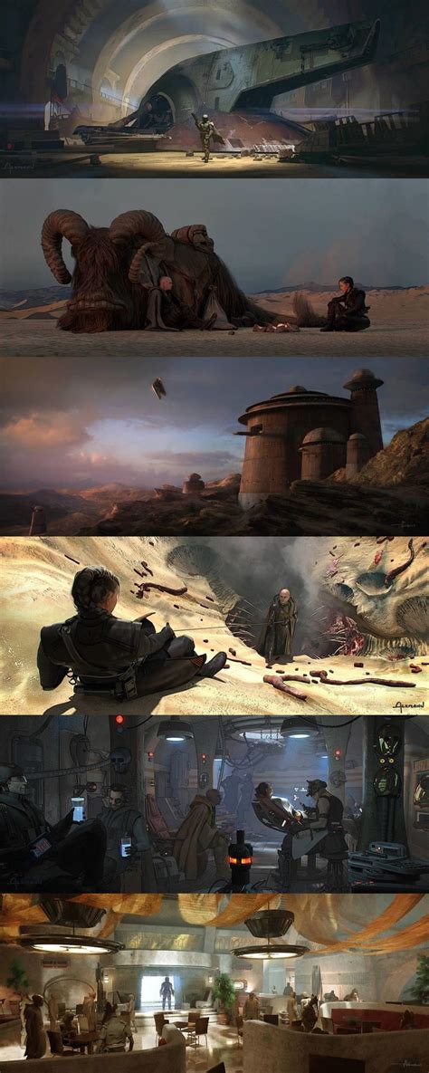 The Concept Art For Star Wars Is Shown In Three Different Stages