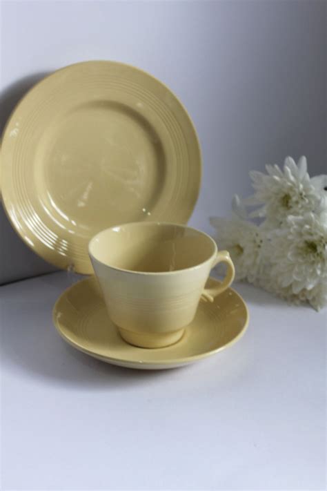 Woods Ware Jasmine Yellow Teacups Saucers Cake Plates Etsy Tea