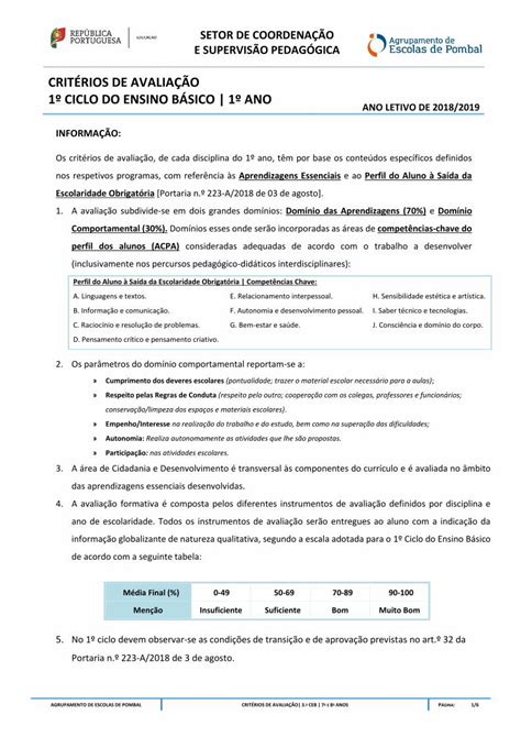 PDF CRITÉRIOS DE AVALIAÇÃO 1º CICLO DO ENSINO BÁSICO 1º ANO Os