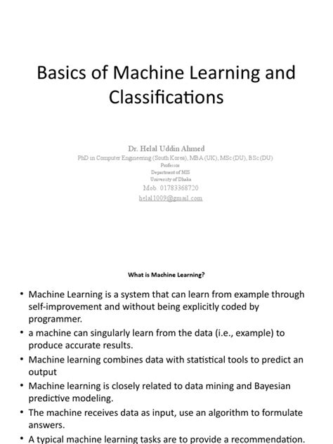 Basics Of Machine Learning And Classifications Dr Helal Uddin Ahmed