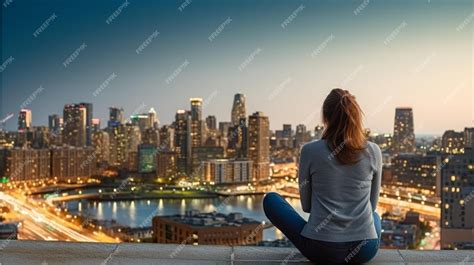 Premium Ai Image Woman Sitting On Ledge Overlooking City Skyline At